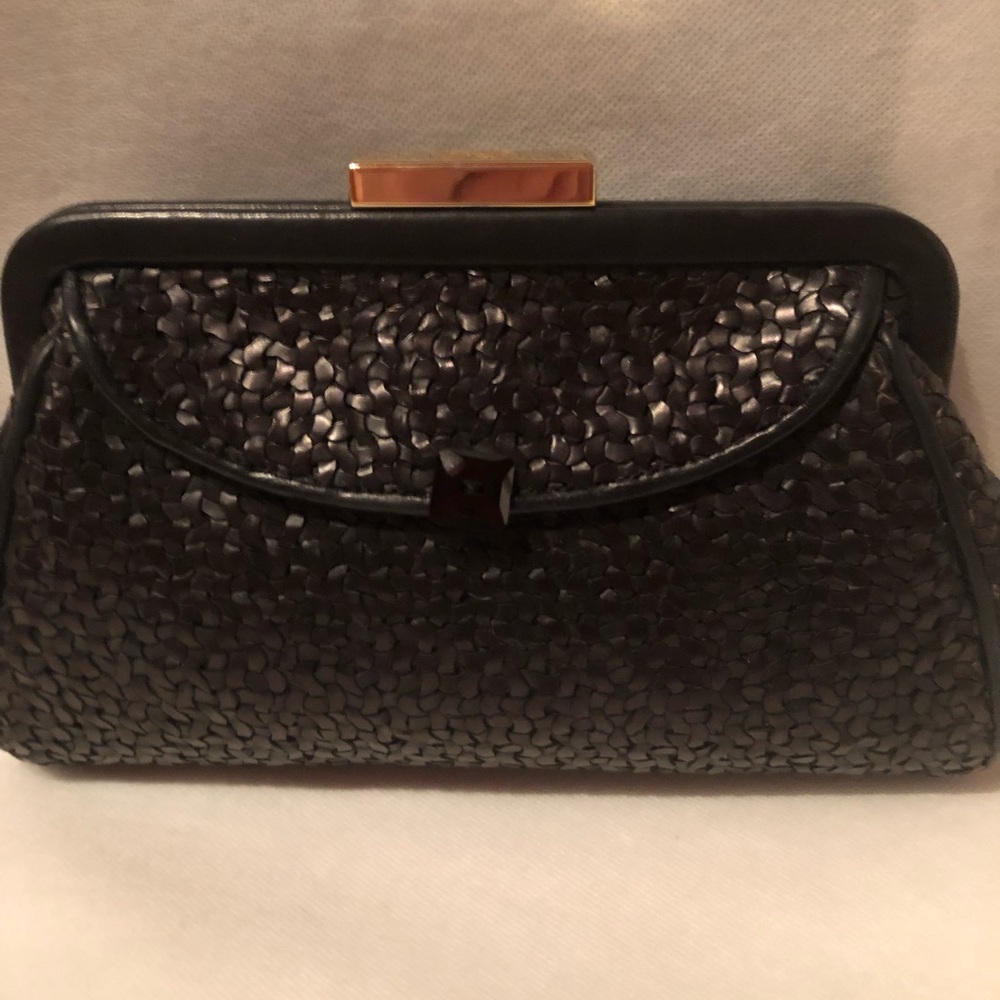 Beautiful Anya Hindmarch black leather woven clutch with logo gold bar clasp